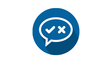 Blue circle with a white speech bubble, a checkmark and a cross symbol in the middle that symbolizes a well-founded decision-making ability.