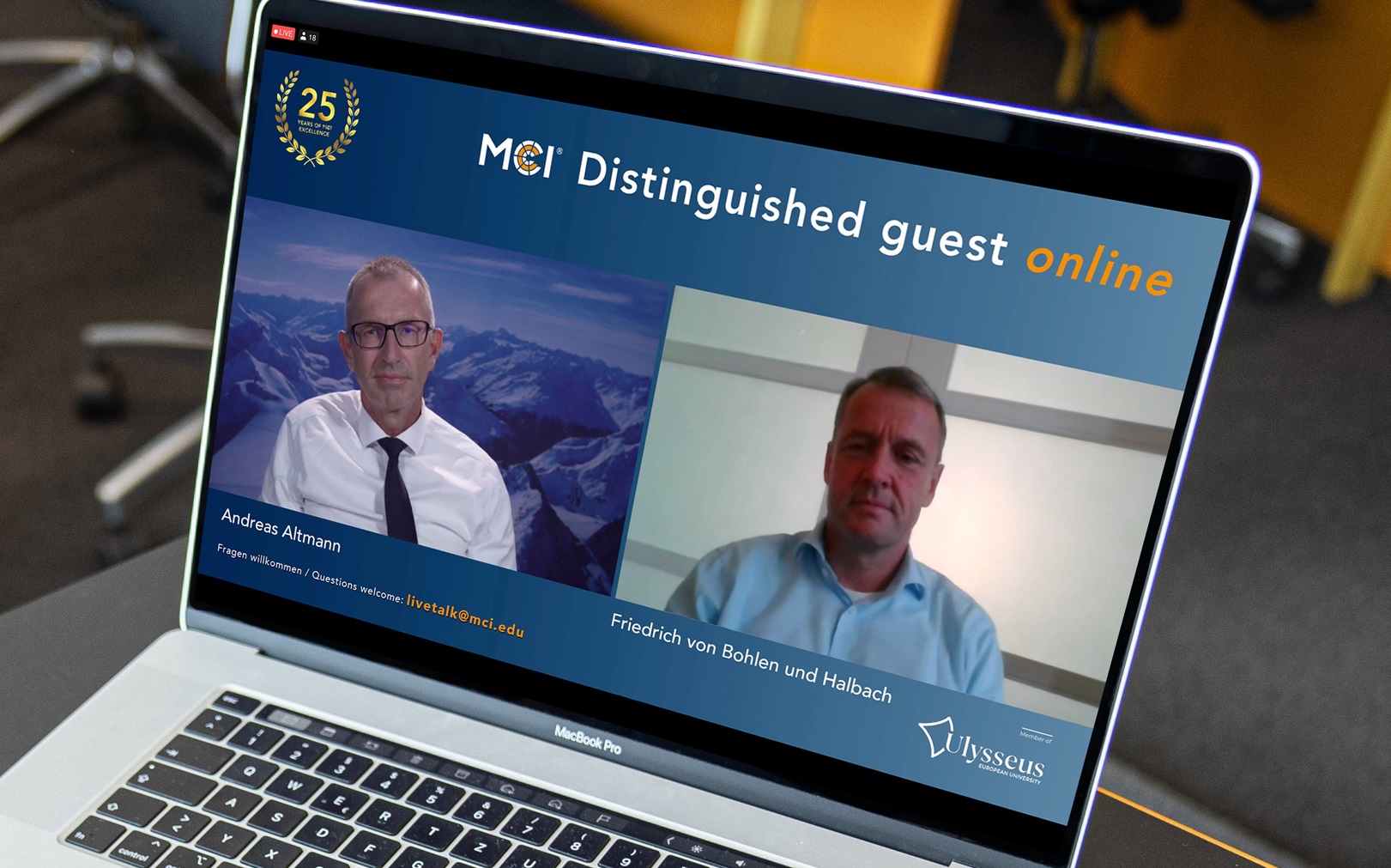 MCI Livetalk with entrepreneur and biochemist Friedrich von Bohlen und Halbach. Foto: MCI