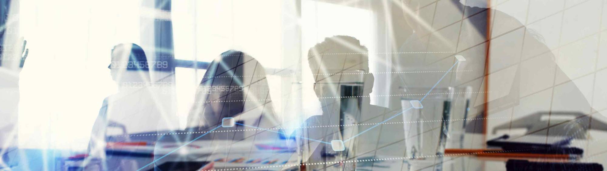 Silhoutte of four persons behind a faded in layer of diagrams