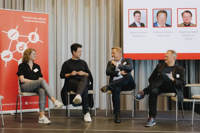 <p>Exciting Panel Discussion at the first ECN-Conference with Nina Wöss (Female Founders & AVCO), Dejan Jovicevic (Co-Founder of brutkasten), Herbert Gartner (CEO of Spin-off Austria &eQventure) and David Campbell (Donau-Universität Krems), © Marcella Ruiz Cruz</p>