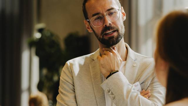 <p>Thomas Metzler (FH Vorarlberg and Sophia Pauer: building Networks and Collaborations within the 24 partner universities. © Marcella Ruiz Cruz</p>