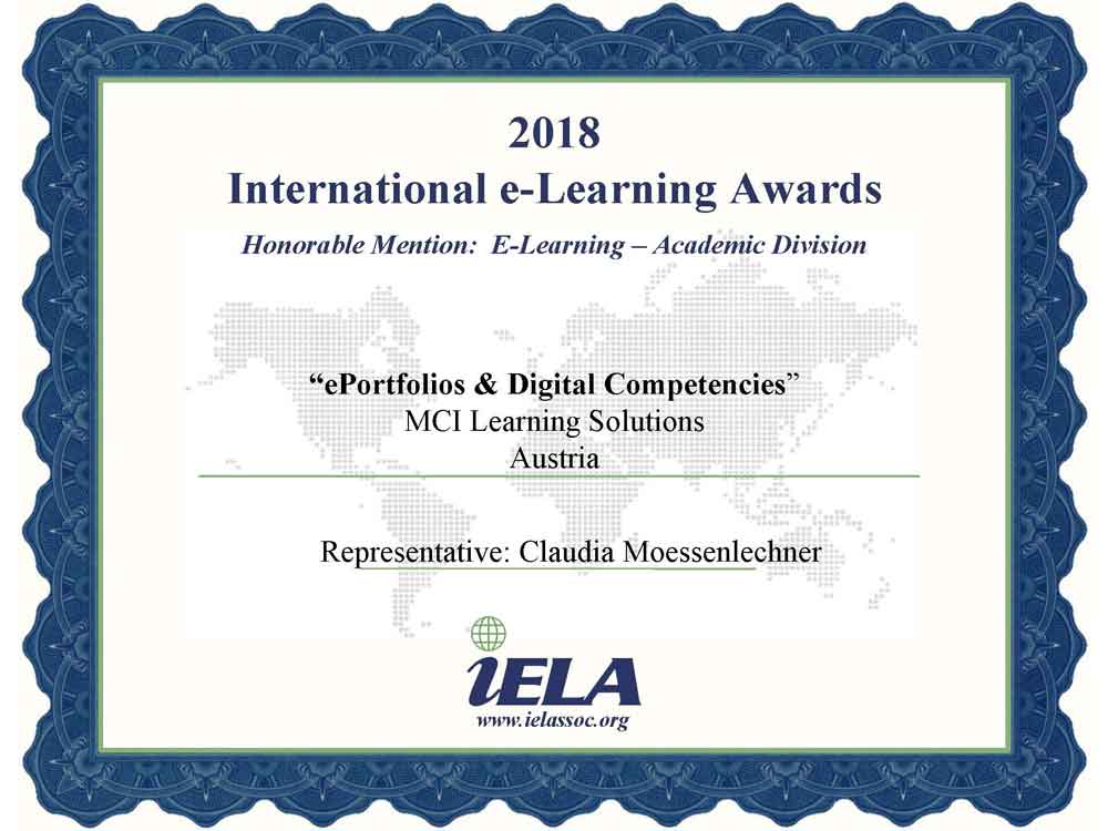 Urkunde IELA e-Learing-Award 2018. Picture: IELA