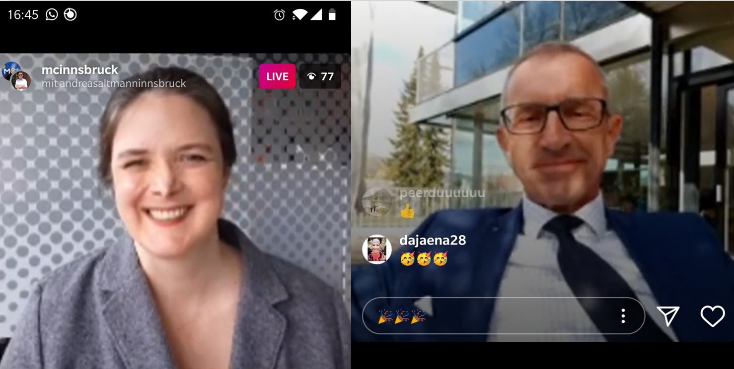 MCI-Dozentin Wendy Farrell und Rektor Andreas Altmann führten durch den Live Stream. Screenshot: MCI