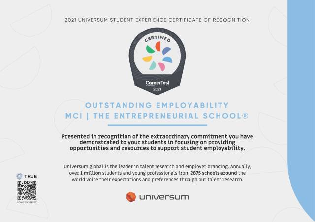 Universum Student Experience Certificate of Recognition