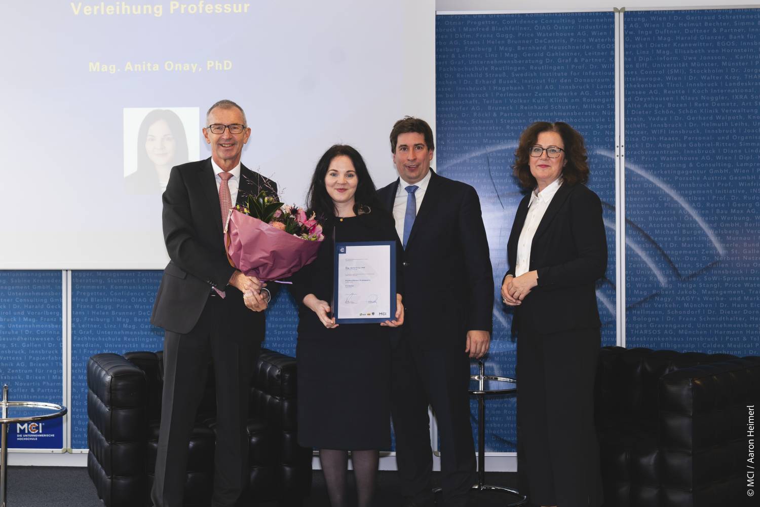 <p>V.l.n.r.: MCI Rektor Andreas Altmann, Anita Onay, Martin Pillei, Claudia Mössenlechner ©MCI / Aaron Heimerl</p>