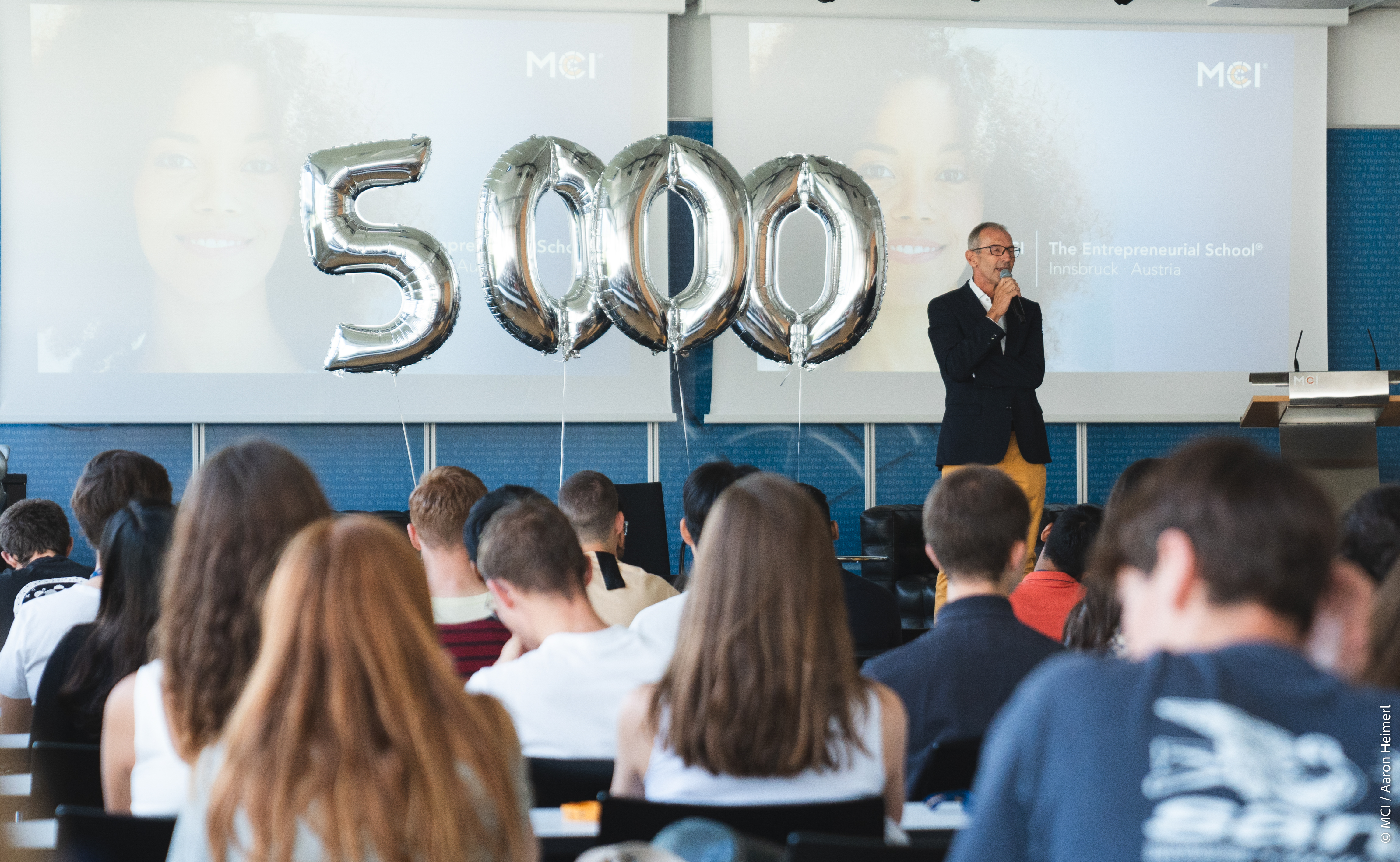 <p>Andreas Altmann welcomes the incoming students at MCI. ©MCI / Aaron Heimerl</p>