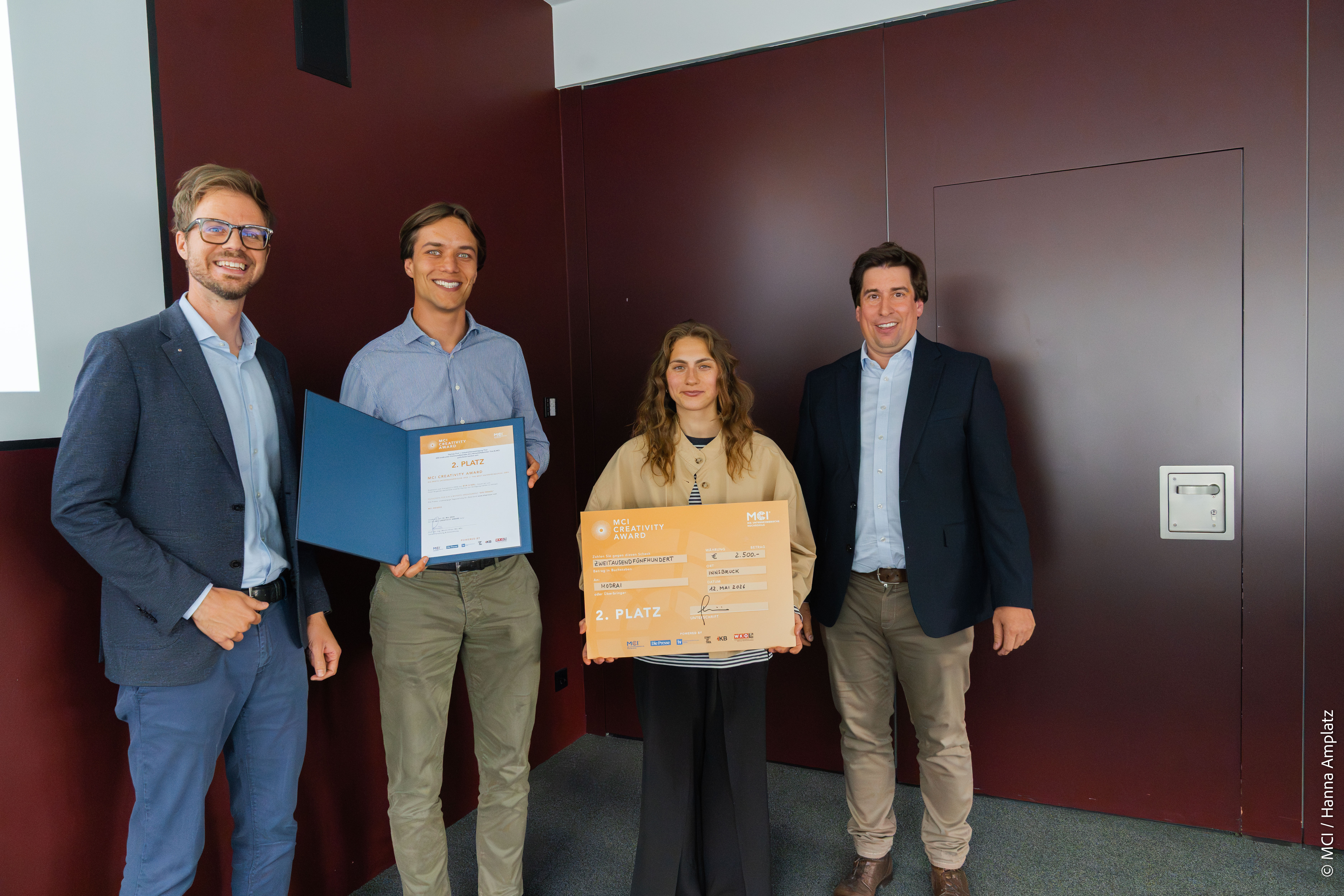 2nd Place: Modrai | From left: Benjamin Suitner (MCI), Stephan Schneider, Nora Kigure, and Martin Pillei (MCI) ©MCI/Hanna Amplatz<br />