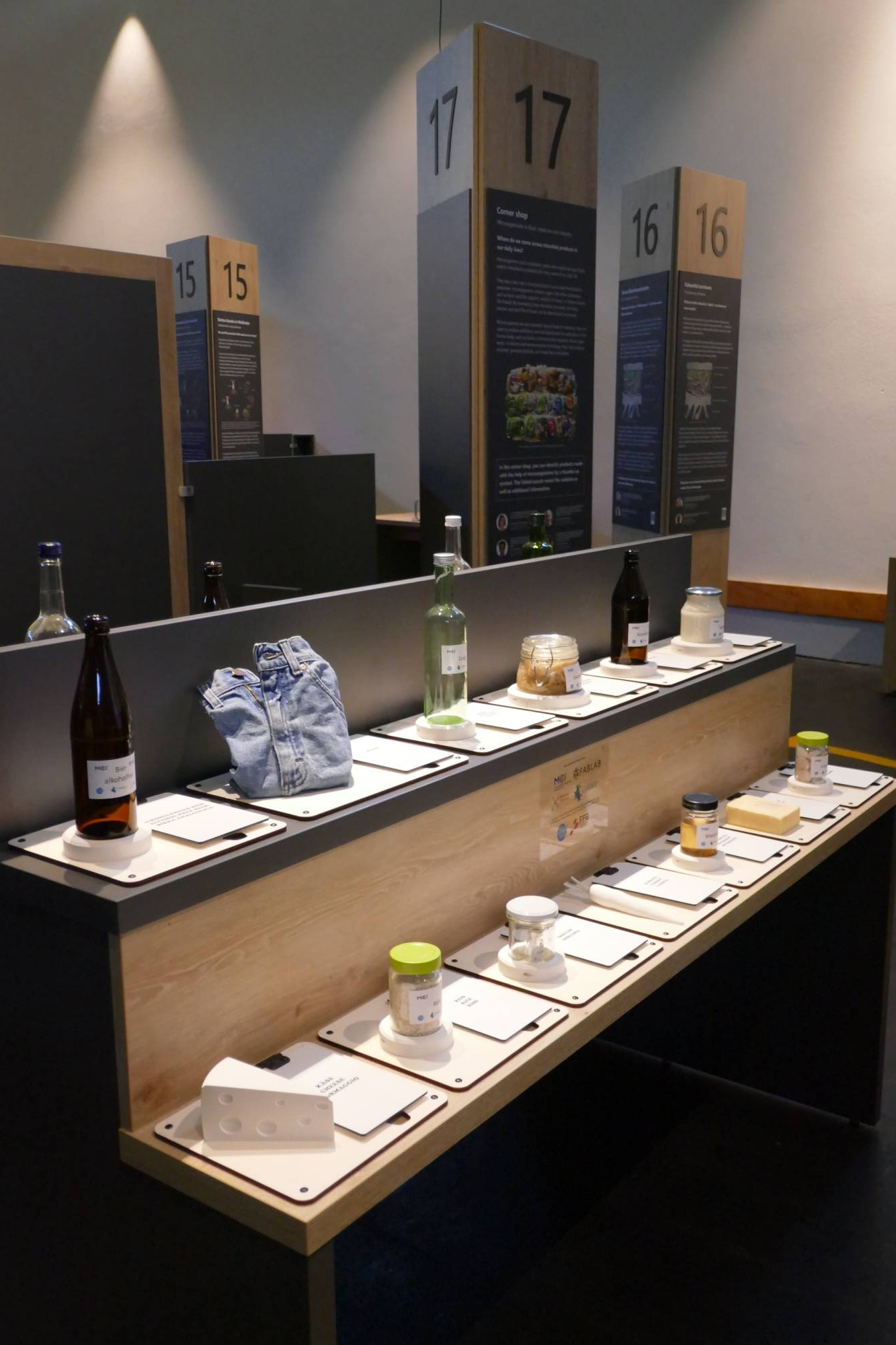 <p>The grocery store display provides information about which products rely on microbes to play a crucial role in their production. ©MCI/Sonja Hirschl-Neuhauser</p>