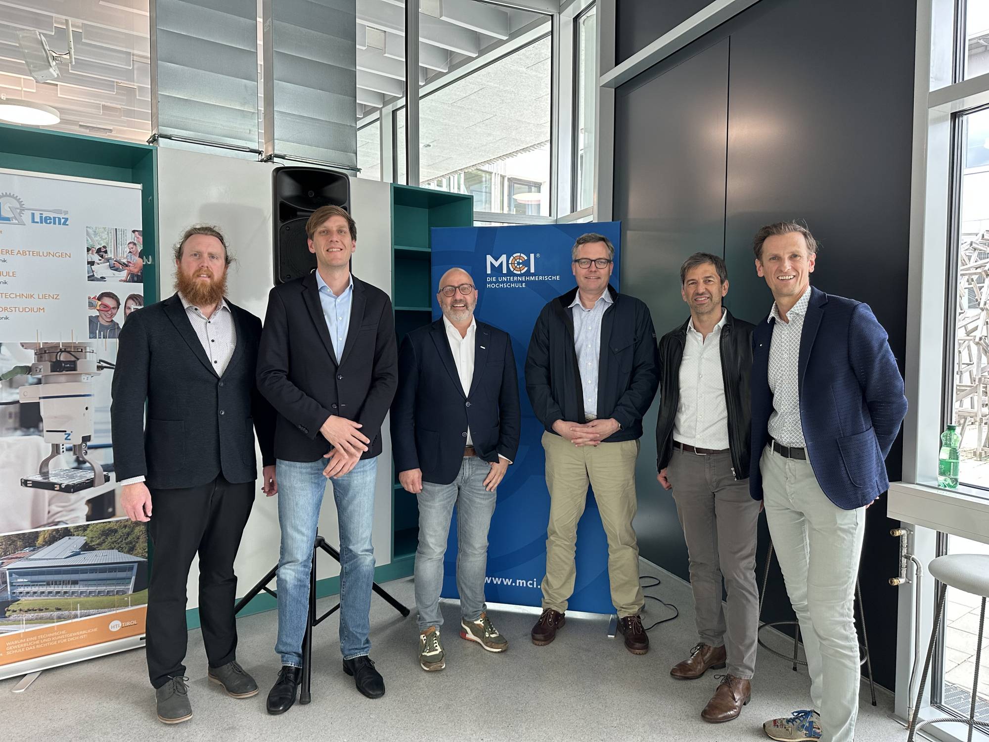 <p>From left to right: Phillip Kronthaler (MCI), Benjamin Massow (MCI), Andreas Kraler (HELLA), Holger König (LIEBHERR), Edwin Meindl (MICADO), Hansjörg Jaufenthaler (MCI) ©MCI/Ebenberger</p>