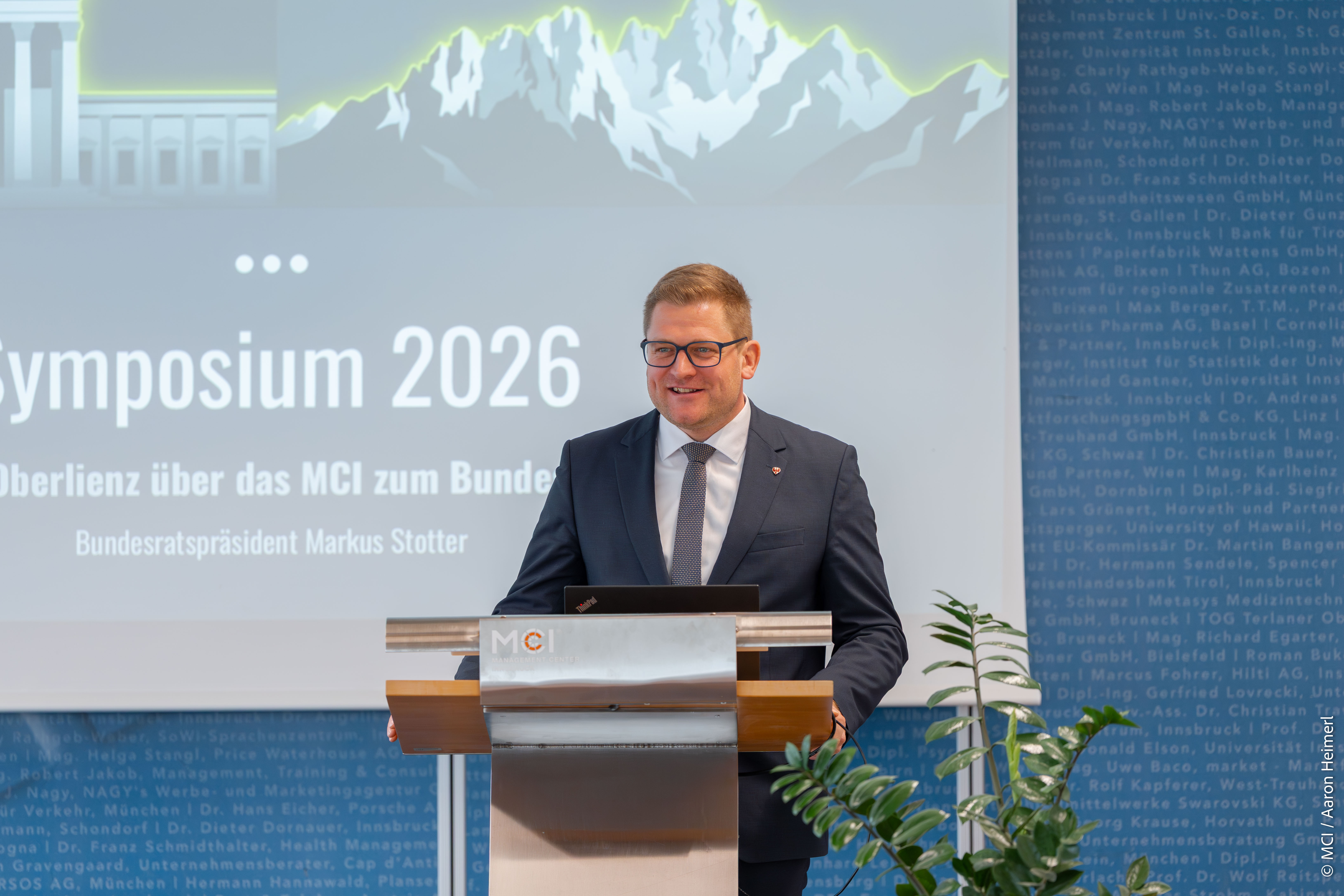 <p>Markus Stotter, President of the Austrian Federal Council and graduate of the program, opened this year’s symposium ©MCI/Aaron Heimerl</p>
