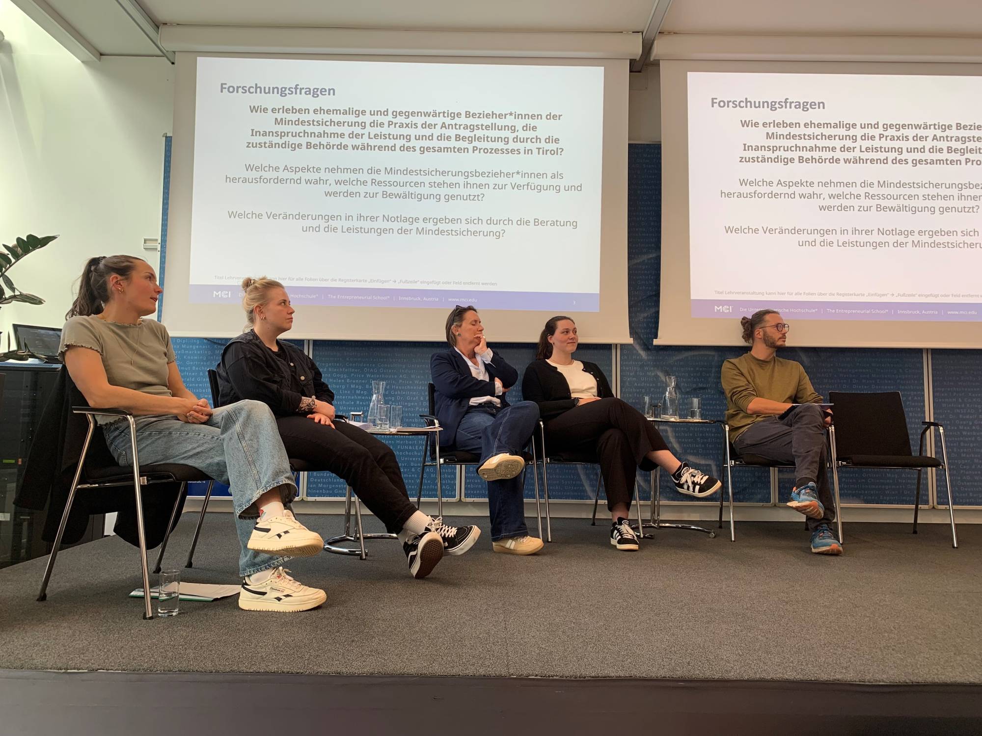 <p>Highlights from the project presentation at the MCI department of Social Work; from left: Lea Herman, Miriam Tichy, Christina Lienhart, Soraya Hock, Moritz Pfeifer, Stefan Wibmer © MCI/Lea Thoms</p>