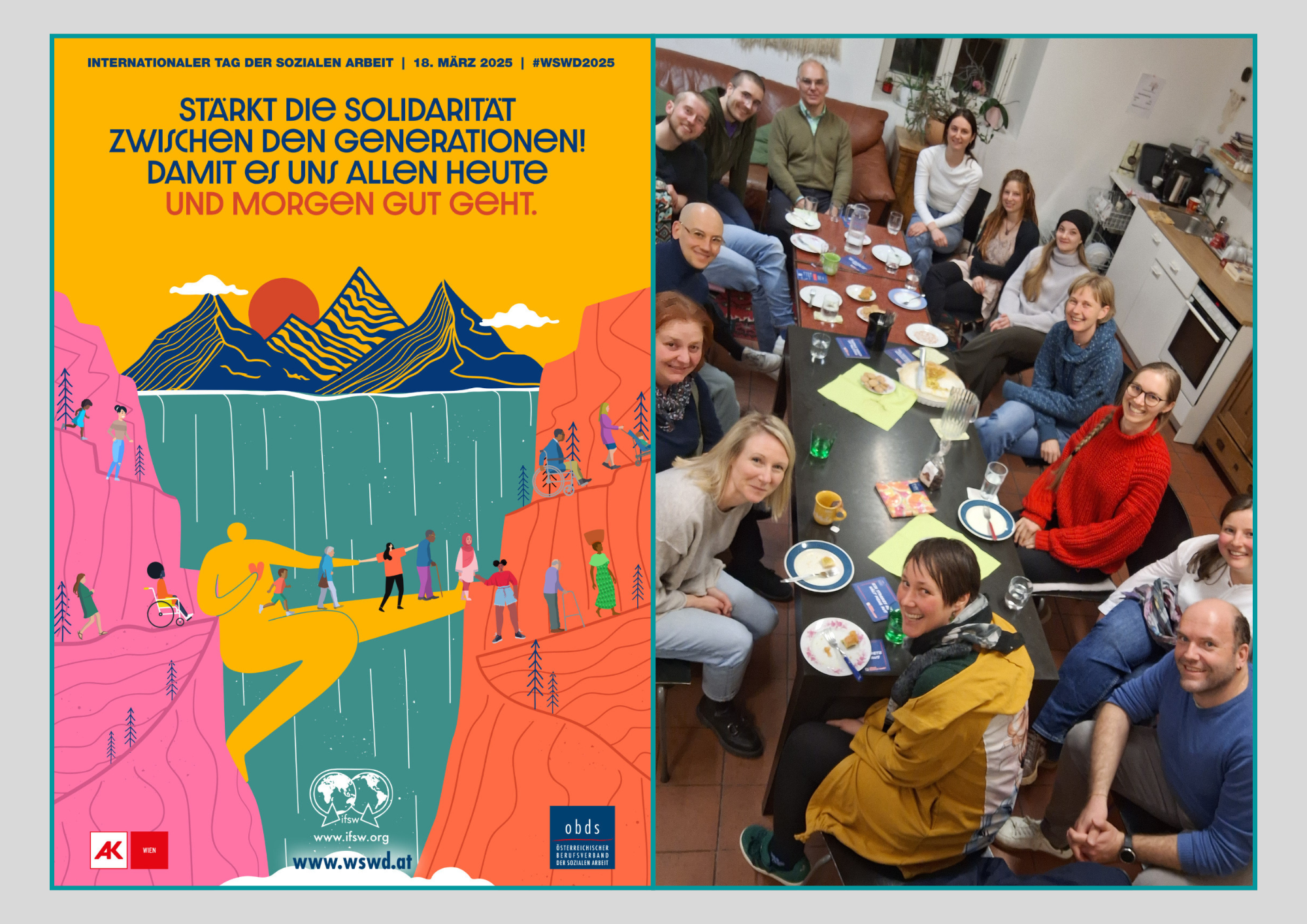 <p>Get-together im obds im Rahmen des WSWD 2025; Gruppenfoto: ©obds/Maurer | Poster: ©ifsw</p>