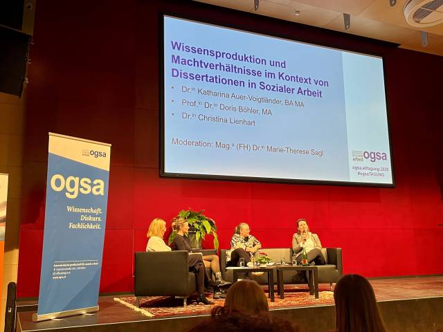 <p>Impressions from the 7th ogsaCONFERENCE in Graz | Panel discussion with Christina Lienhart (right) and others © MCI/Reisberger</p>