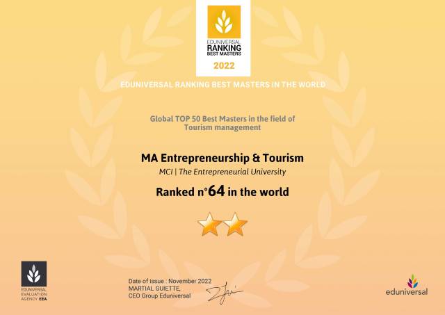 <p>The certificate for the top nr. 64 ranking of the MCI Tourism master's program. Photo: eduniversal</p>