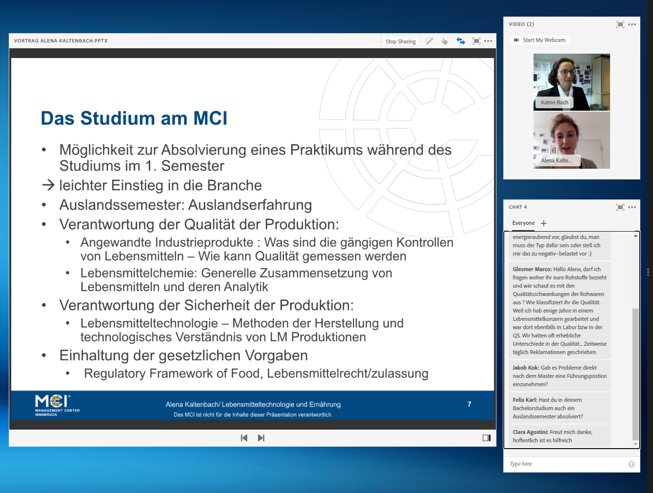 <p><em>Interessierte Studierende stellten Alena Kaltenbach Fragen im Chat. Foto: MCI </em></p>